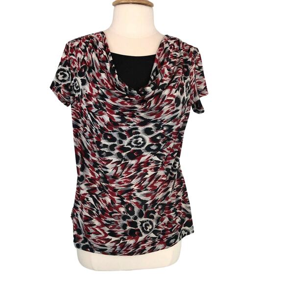 Brittany Black Career Cowl Neck Blouse Short Sleeve Geometric Size Medium - Picture 1 of 8